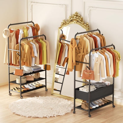 Furologee Double Rod Clothing Rack with Wheels – Portable Rolling Garment Rack for Bedroom, Laundry & Living Room