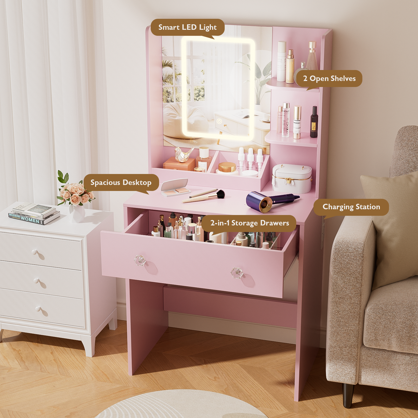 Vanity Desk with Mirror and LED Lights,  Small Pink Makeup Vanity Desk with 2 Drawers, 3 Storage Shelves, 24 Inches Make UP Dressing Table with Power Outlet, 3 Adjustable Lights for Girls Bedroom