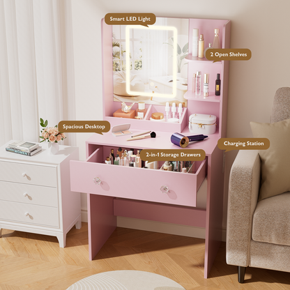 Vanity Desk with Mirror and LED Lights,  Small Pink Makeup Vanity Desk with 2 Drawers, 3 Storage Shelves, 24 Inches Make UP Dressing Table with Power Outlet, 3 Adjustable Lights for Girls Bedroom