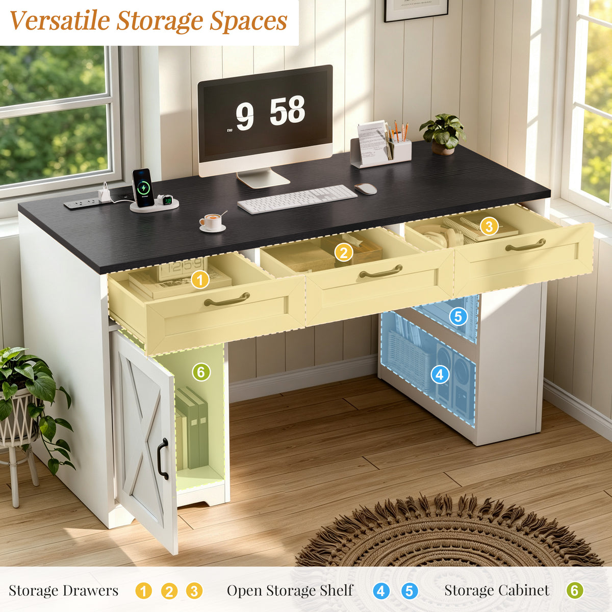 Furologee 55" Farmhouse Desk with Charging Station & Drawers, Black
Executive Computer desk with 3 Wooden Drawers and Storage Cabinet and Open Storage Shelf, Large Workstation for Home Office£¬Work, Study , Black and White