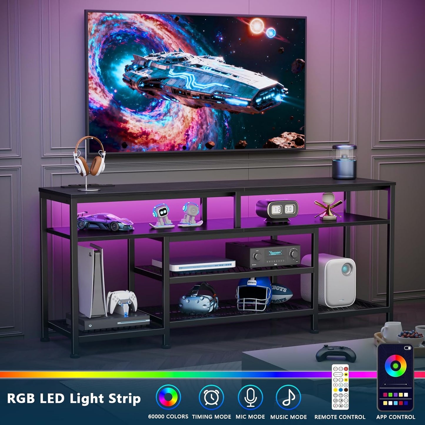 Furologee TV Stand with Power Outlets and LED Lights, 55 Inch Entertainment Center Black