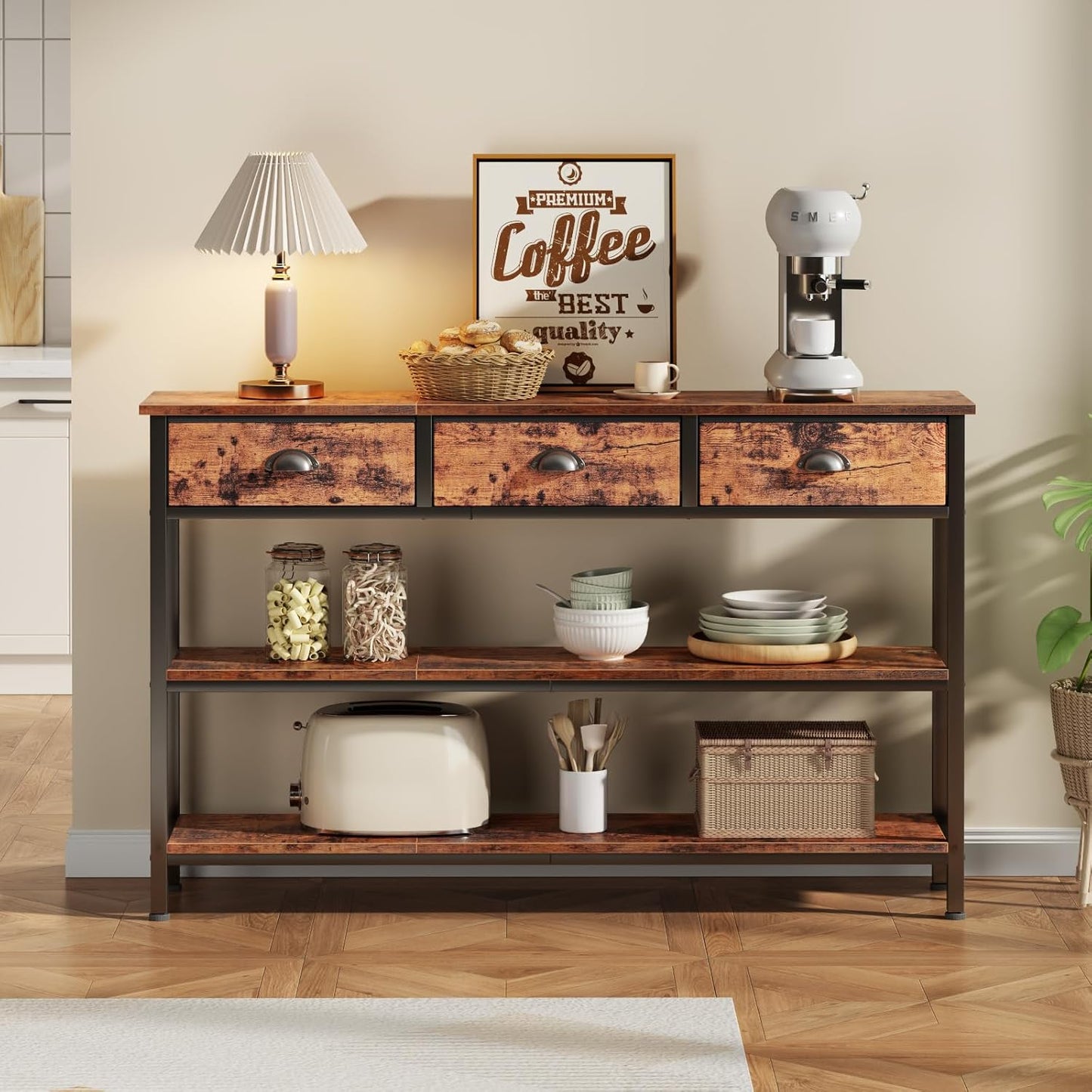 Furologee 47” Entryway Console Table with Drawers & Storage Shelves, Industrial Sofa Table for Hallway or Living Room