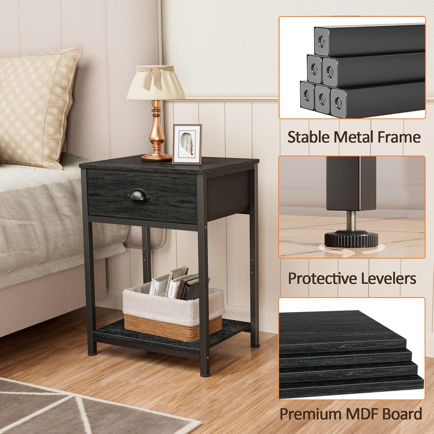 Furologee Set of 2 Nightstands with Drawer & Shelf – Industrial Bedside Tables for Bedroom/Living Room