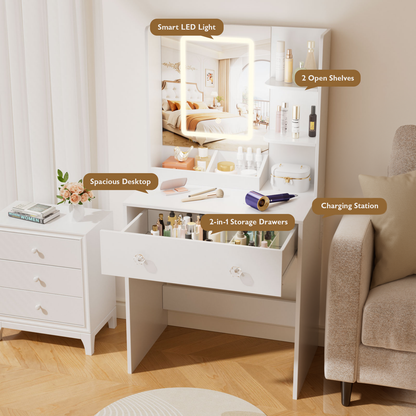 Vanity Desk with Mirror and LED Lights,  Small Makeup Vanity Desk with 2 Drawers, 3 Storage Shelves, 24 Inches Make UP Dressing Table with Power Outlet, 3 Adjustable Lights for Girls Bedroom, White