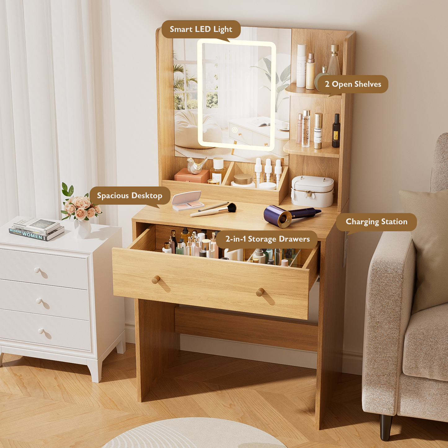 Vanity Desk with Mirror and LED Lights, Modern Small Makeup Vanity Desk with 2 Drawers, 3 Storage Shelves, 24 Inches Dressing Table with Power Outlet, 3 Adjustable Lights for Living room, Wood