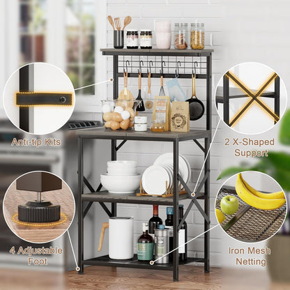 Furologee 4-Tier Kitchen Baker’s Rack with Pegboard & Hooks – Microwave Stand, Coffee Bar Station, Storage Shelf for Spices & Cookware, Black Oak