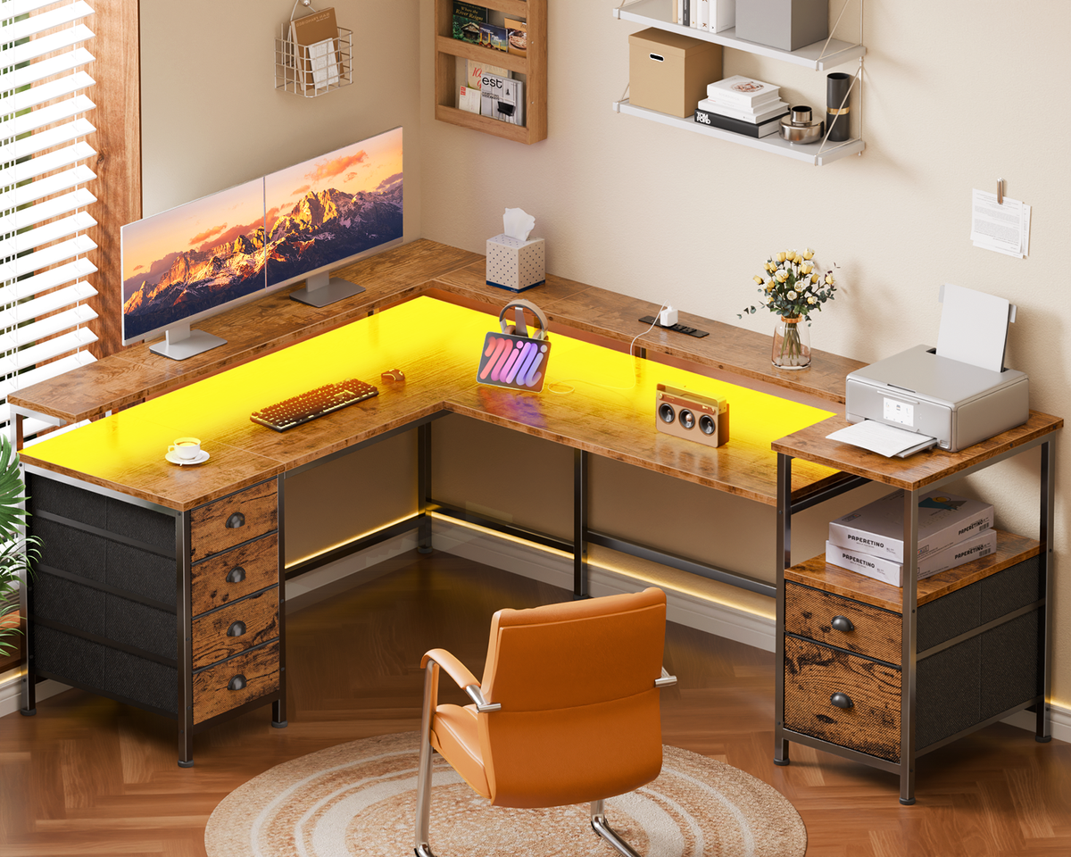 Furologee 66'' L Shaped Computer Desk with 6 Drawers & LED, Rustic Brown
, Reversible Large Corner Desk with Printer Storage Shelves,LED Lights,Monitor Stand for Home Office,Working Writing Study