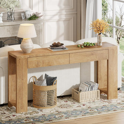 Furologee 60 inch Long Entryway Console Table with Drawers, Farmhouse Sofa Table Behind Couch, Entrance Accent Table for Hallway, Living Room, Foyer, Bedroom, Wooden Thick Tabletop