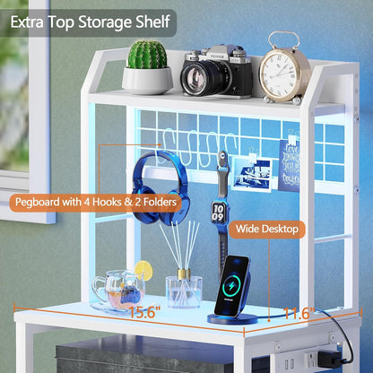 Furologee 40" Tall Nightstand with Charging Station, LED Lights & Storage – Bedside Table with Drawers & Pegboard
