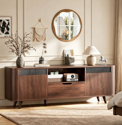 Furologee 55'' TV Stand for 60'' TV, Entertainment Center with Power Outlet

Mid Century Fluted TV Console Table with Drawer, 2 Cabinets and Open Shelves for Living Room, Bedroom, Cord Holes, Walnut