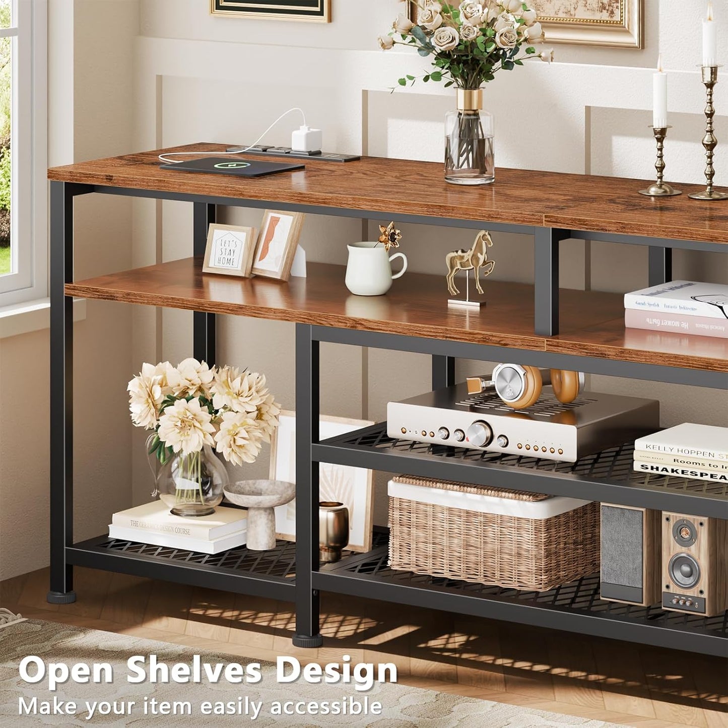 Furologee TV Stand with Power Outlets and LED Lights, 63 Inch Entertainment Center for 60 65 70 Inch TVs, Media Console Table with Open Shelves, for Bedroom, Living Room, Rustic Brown