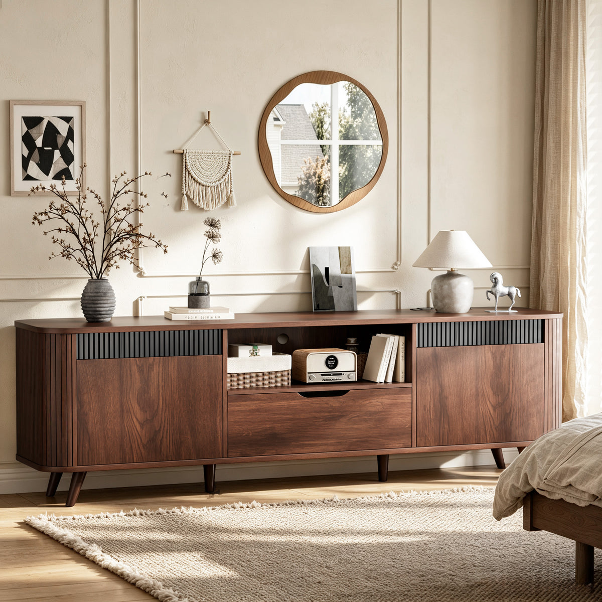 Furologee 63'' TV Stand for 65'' TV, Entertainment Center with Power Outlet

Mid Century Media TV Console Table with Storage, 2 Cabinets, 1 Drawer and Open Shelves for Living Room, Cable Holes, Walnut