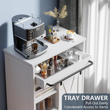 Storage Cabinet with Tray Drawer, White Farmhouse Coffee Bar Cabinet with Sliding Door for Bathroom Bedroom Living Room Laundry Kitchen