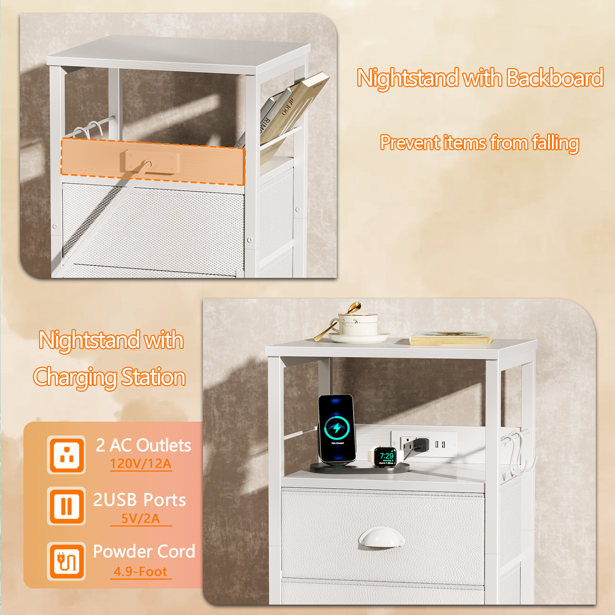 Furologee Night Stand with Charging Station, 2 Fabric Drawers, White
Night Stand with USB & Outlets, Side Table with Storage & Hooks, Industrial End Table for Living Room/Bedroom