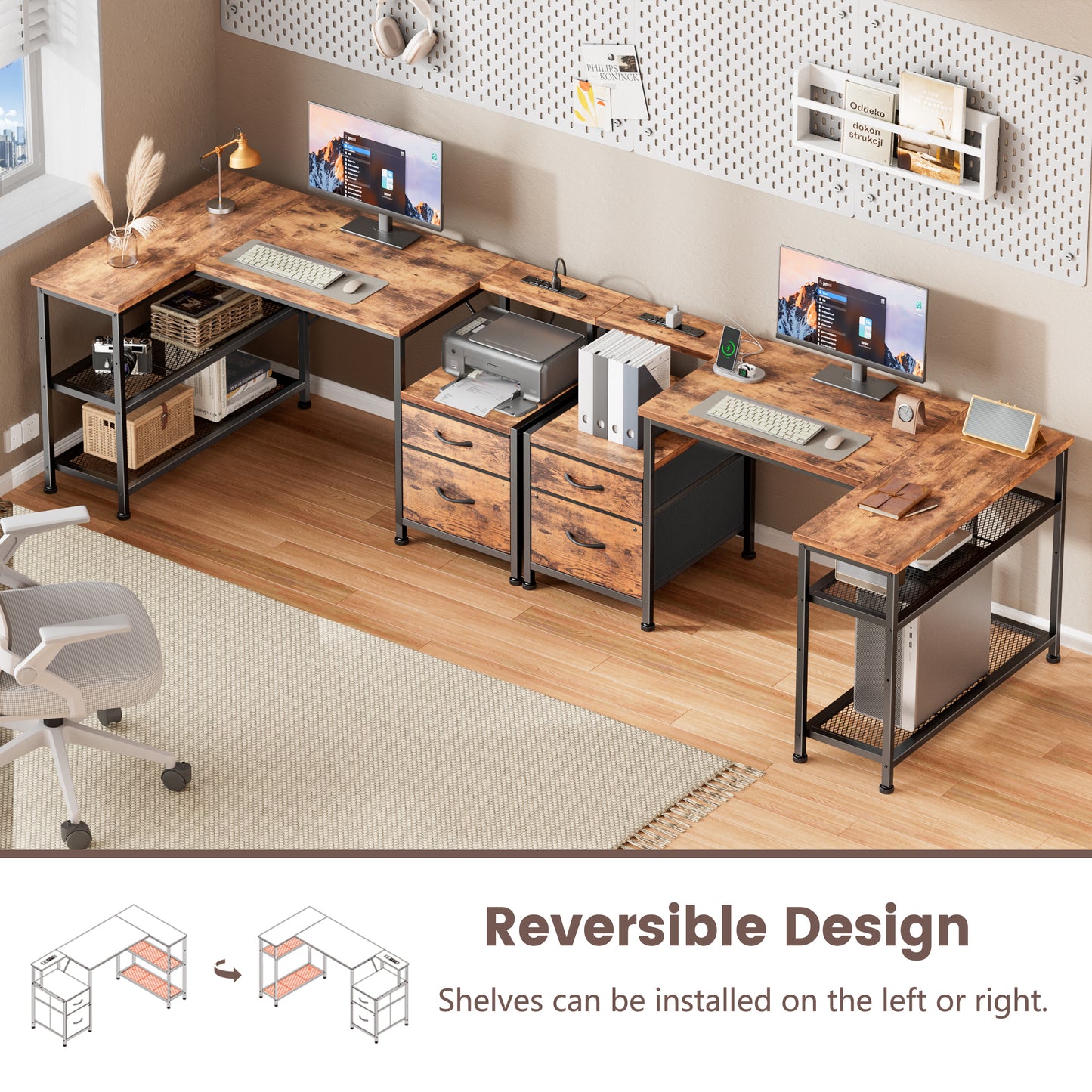 Furologee 49" L Shaped Computer Desk with Power Outlets, Reversible Home Office Desk with Fabric Drawers, File Cabinet, Printer Table, Metal Storage Shelves, Corner Desk for Small Space, Rusitc Brown