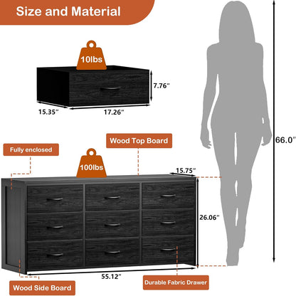 Black Dresser for Bedroom, Long Dresser for Closet, 9 Drawer TV Stand for 65 Inch TV, 15.75” Deepth Fabric Drawer, Chest of Drawer Large Storage Organizer, Hallway Furniture, Wooden Top Side