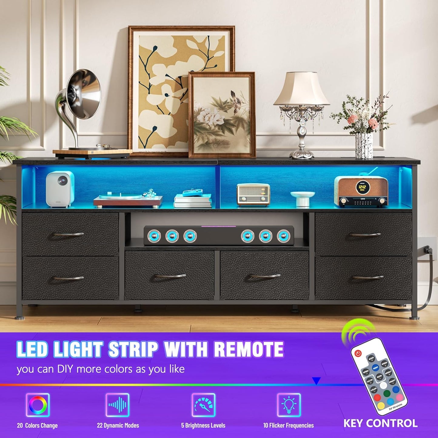 Furologee 55" Dresser TV Stand with LED & Charging Station – Media Console Table with 6 Drawers for Bedroom or Living Room