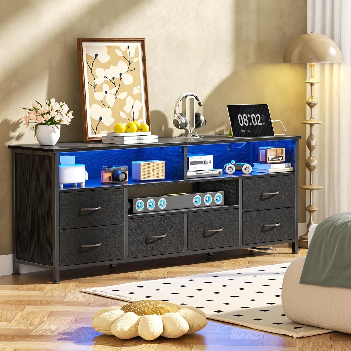 Furologee 55" LED TV Stand for Bedroom, Entertainment Center with 6 Fabric Drawers for 50 55 60 Inch TVs, Dresser TV Stand Console Media Table with Power Outlets for Living Room, Black