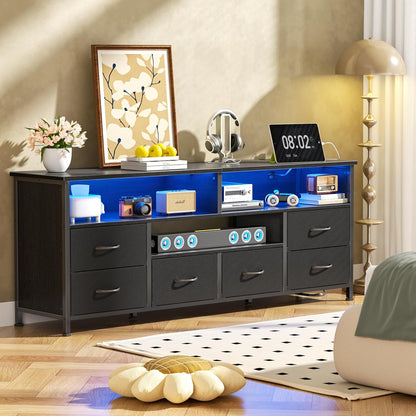 Furologee 55" LED TV Stand for Bedroom, Entertainment Center with 6 Fabric Drawers for 50 55 60 Inch TVs, Dresser TV Stand Console Media Table with Power Outlets for Living Room, Black