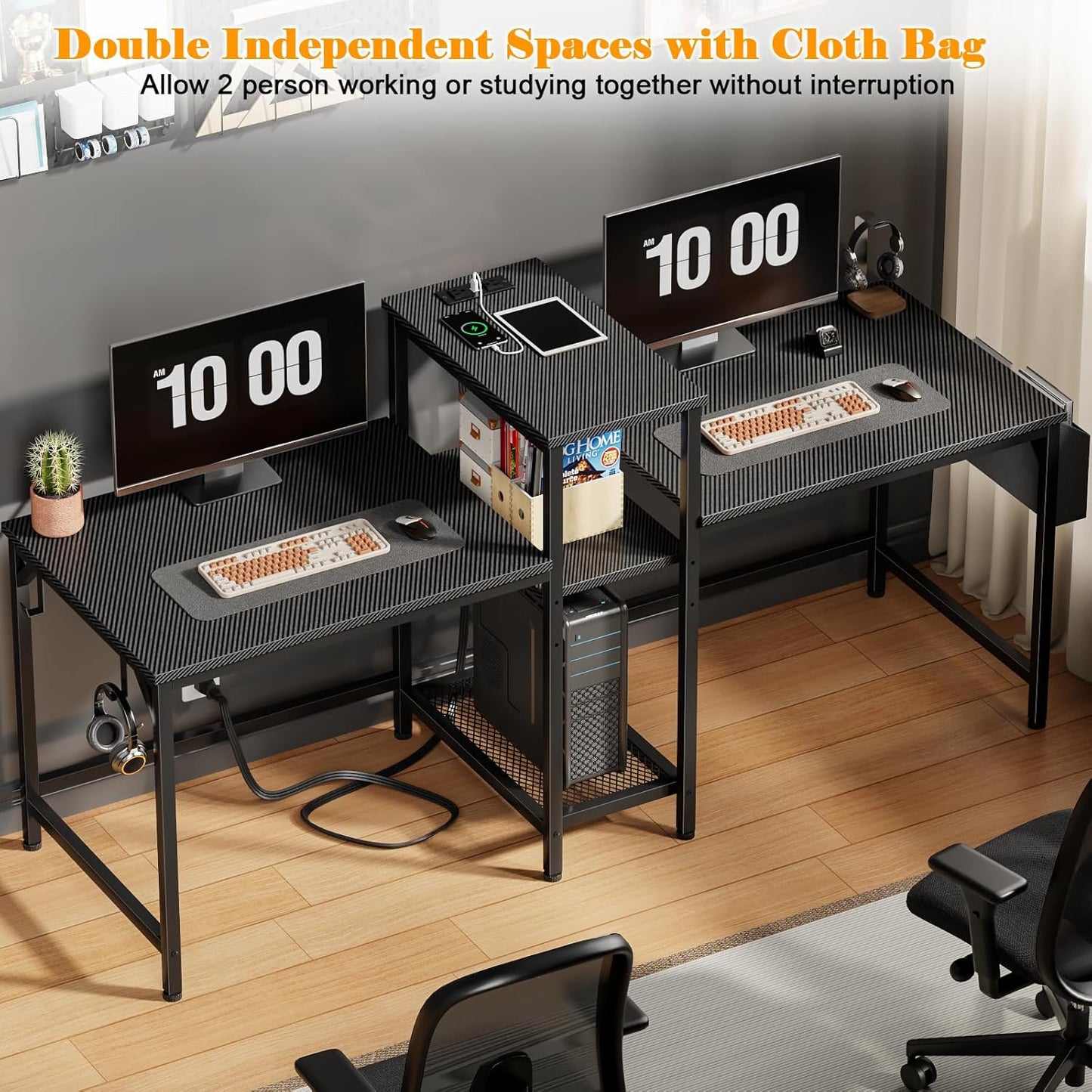 Furologee 71" Double Computer Desk with Power Outlets, Storage Bag & Headphone Hooks – Home Office Gaming or Study Table for 2