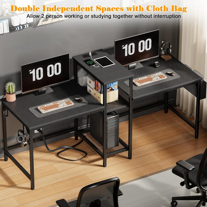 Furologee 71" Double Computer Desk with Power Outlets, Storage Bag & Headphone Hooks – Home Office Gaming or Study Table for 2