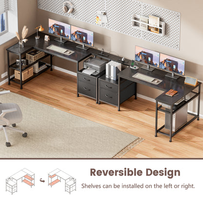 Furologee 57 Inch L Shaped Computer Desk with Power Outlets, Reversible Home Office Desk with Fabric Drawers, File Cabinet, Printer Table, Metal Storage Shelves, Corner Desk for Small Space, Black