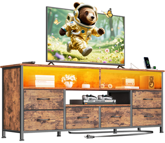 55" LED TV Stand for Bedroom with Power Outlets, Entertainment Center with 6 Fabric Drawers for 50/55/60 inch TVs, Dresser TV Stand Long Console Media Table for Living Room, Rustic Brown