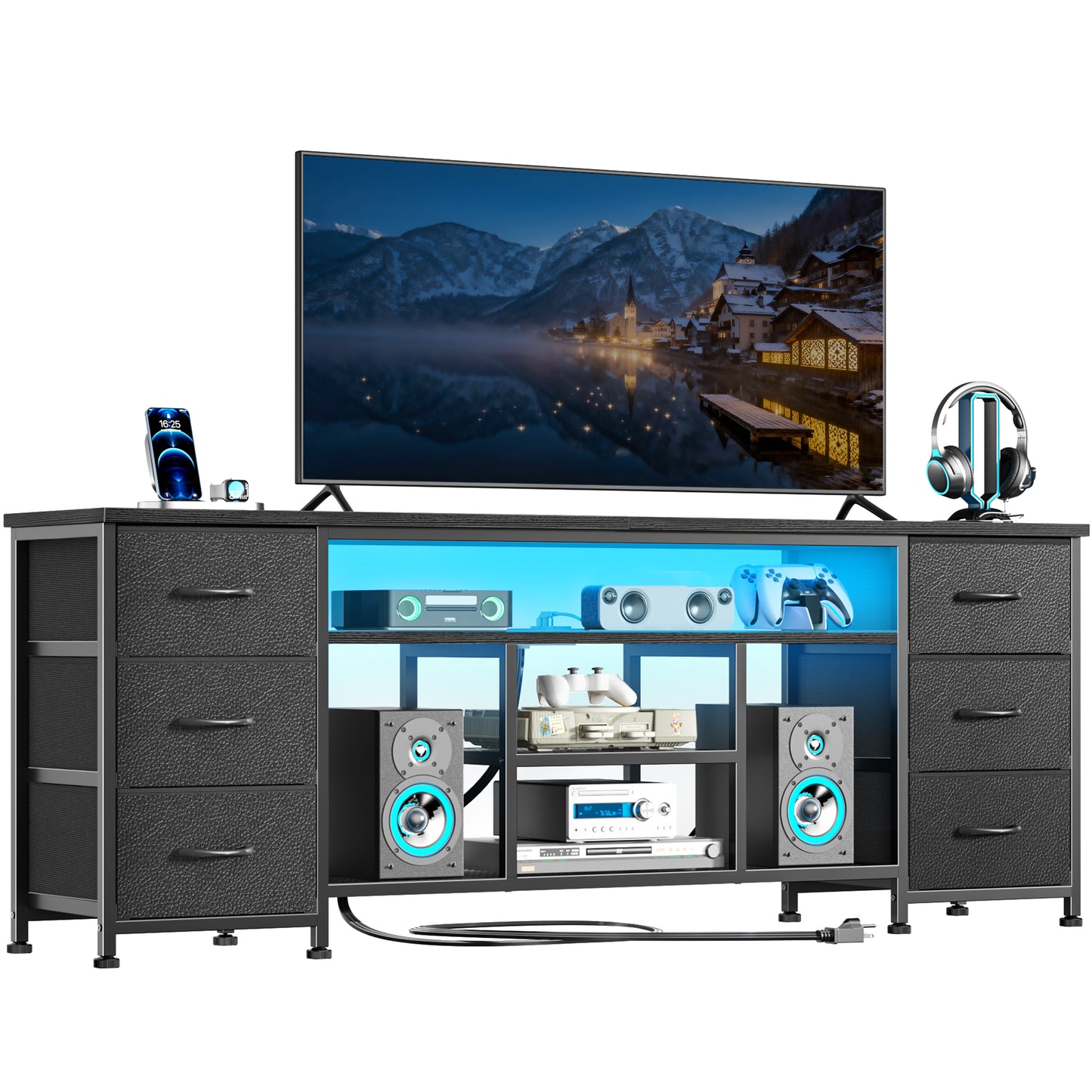 Furologee LED TV Stand for 65, 70 Inch TV, 63 Inch Entertainment Center with Power Outlets, 6 Fabric Drawers Dresser for Bedroom, Media Console with Open Shelves, PU Leather Surface, Black
