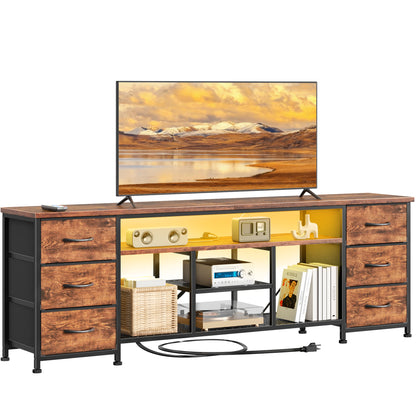 Furologee LED TV Stand for 65, 70, 80 Inch TV, 71 Inch Entertainment Center with Power Outlets, 6 Fabric Drawers Dresser for Bedroom, Media Console with Open Shelves, PU Leather Surface, Black