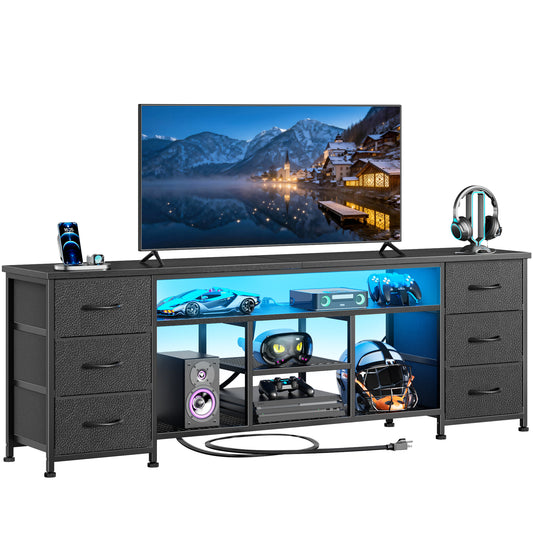 Furologee LED TV Stand for 65, 70, 80 Inch TV, 71 Inch Entertainment Center with Power Outlets, 6 Fabric Drawers Dresser for Bedroom, Media Console with Open Shelves, PU Leather Surface, Rustic Brown