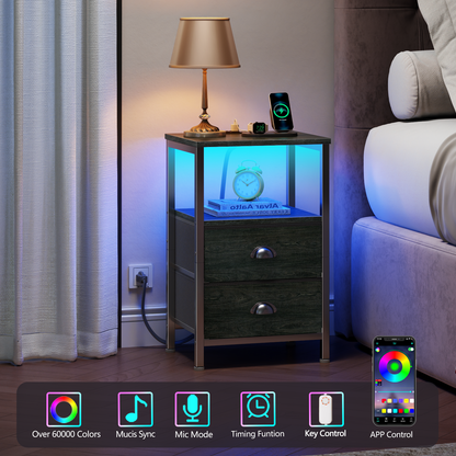 Furologee Nightstands Set of 2, End Tables with Charging Station and LED Lights, Black Night Stands with 2 Fabric Drawers, Bedside Tables Set of 2 for Living Room/Bedroom,Black Oak