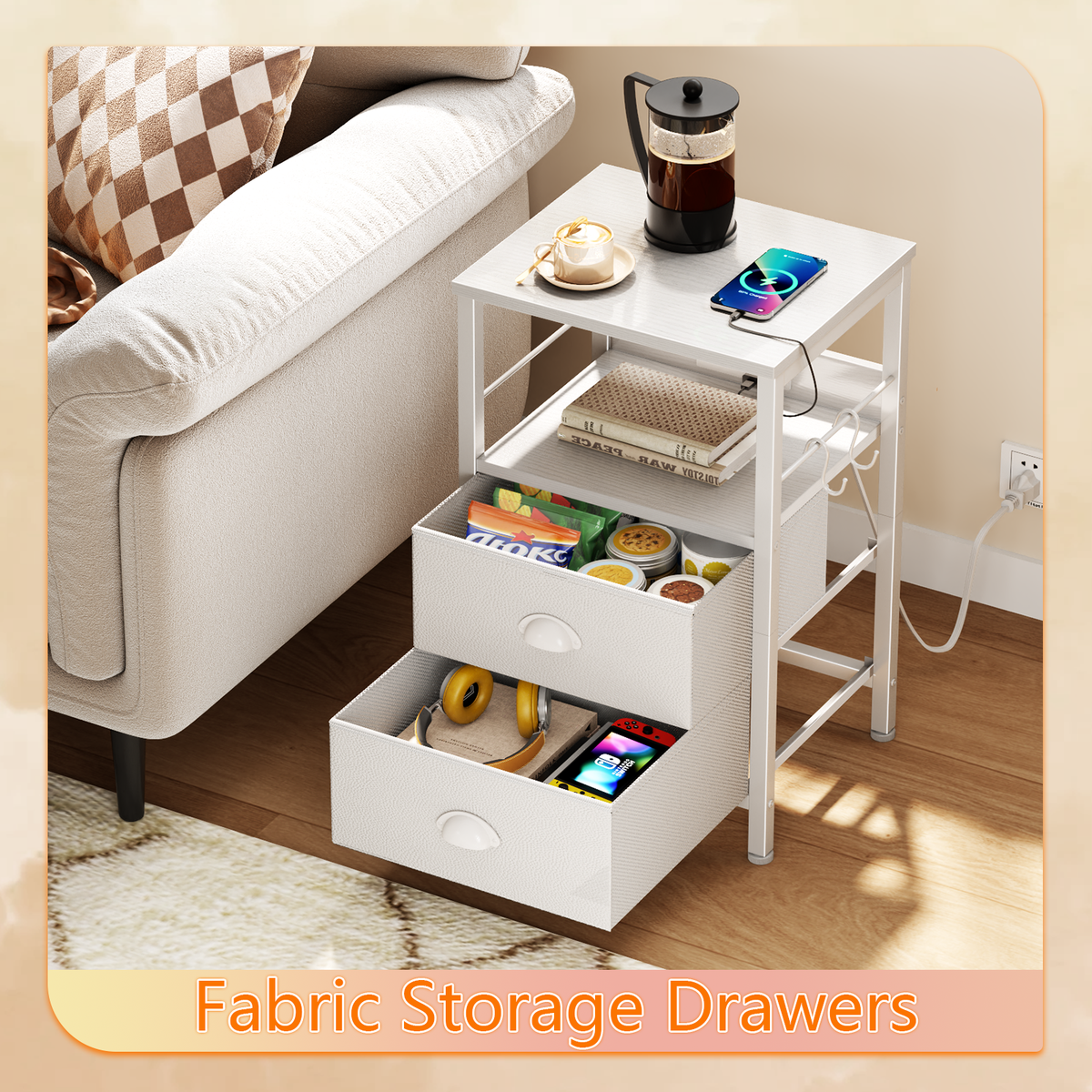 Furologee Night Stand with Charging Station, 2 Fabric Drawers, White
Night Stand with USB & Outlets, Side Table with Storage & Hooks, Industrial End Table for Living Room/Bedroom