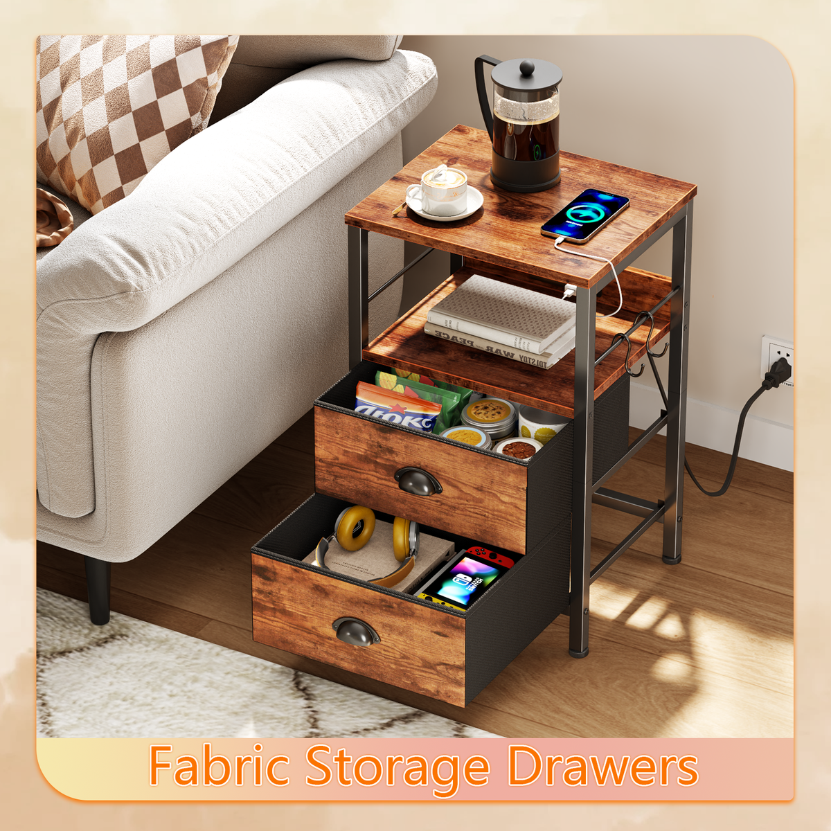 Furologee Nightstands Set of 2 with Charging Station, 2 Fabric Drawers
Night Stand Set 2 with USB & Outlets, Side Table with Storage, Industrial End Table, for Living Room/Bedroom, Rustic Brown