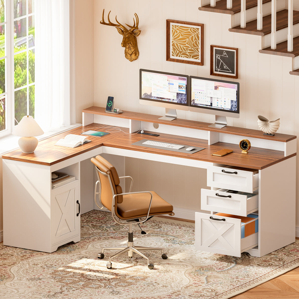 Furologee 63" Farmhouse L Shaped Desk with 3 Wooden Drawers, Printer Shelf, Corner Home Office Desk with Storage Cabinet, Monitor Stand, Power Outlets, Computer Table with Open Shelf, Brown and White