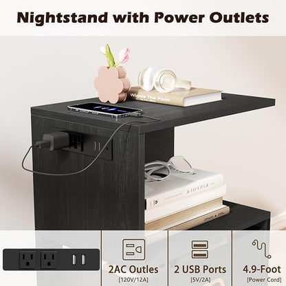 Modern 3-Tier Bedside Table with Charging Station and Storage Drawer, Wood Nightstand for Small Spaces in Bedroom or Living Room