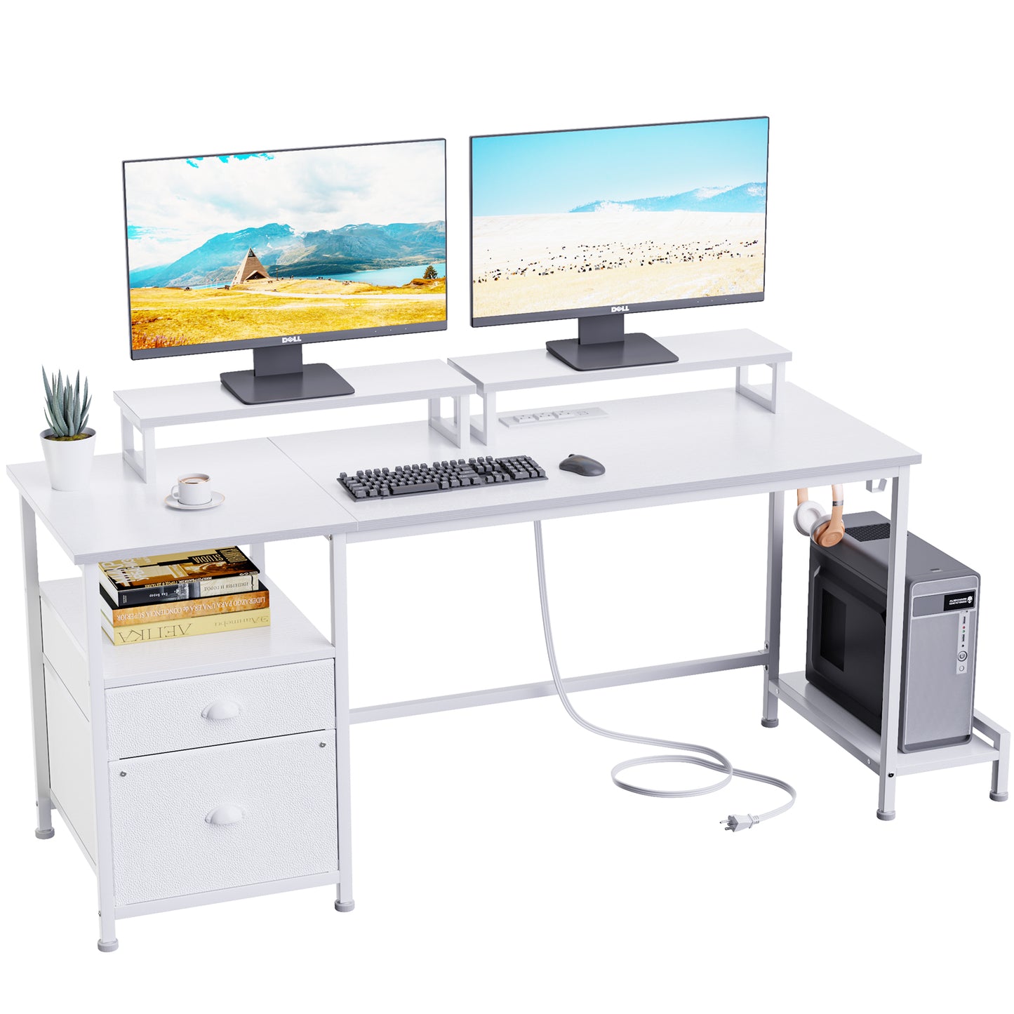 Furologee White Computer Desk with Drawer and Power Outlets