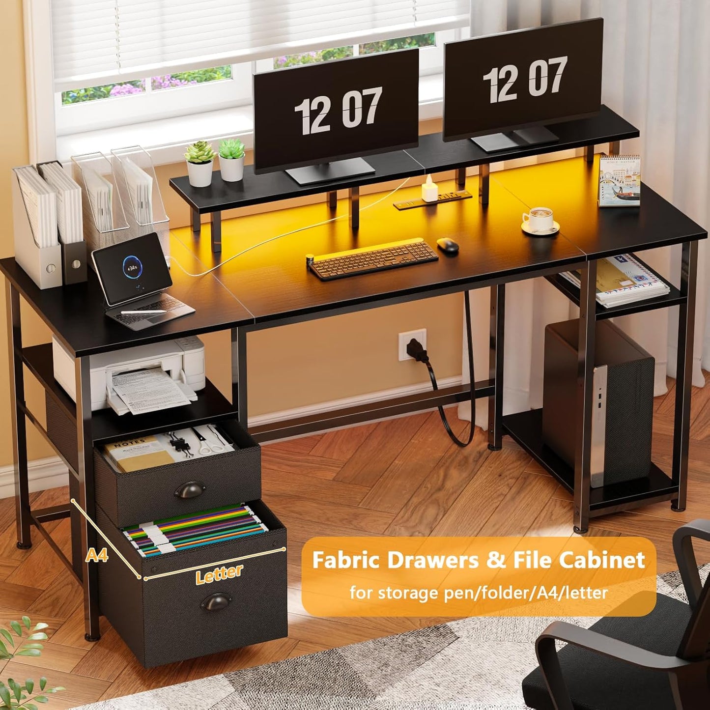 Furologee 51" Computer Desk with Fabric File Cabinet Drawer