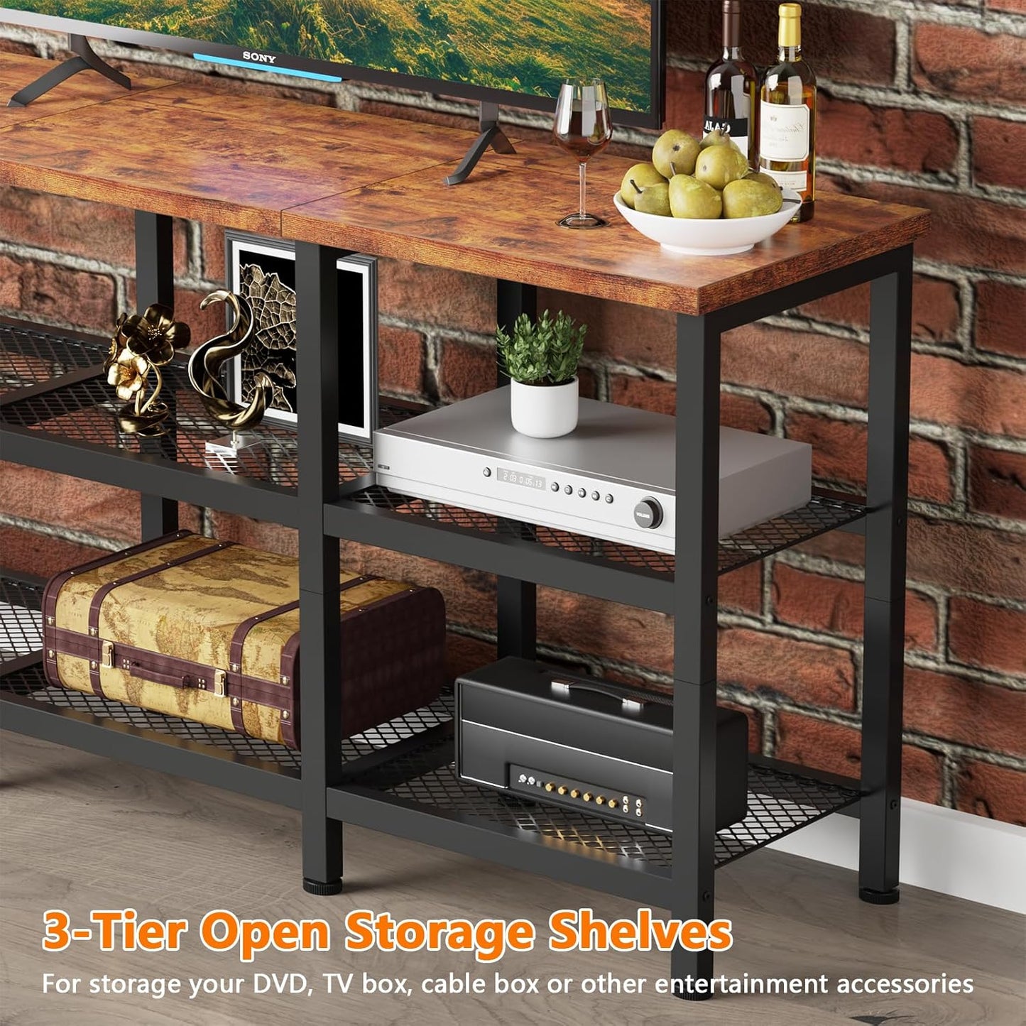 Furologee 3-Tier TV Stand for TVs up to 50” – Small Industrial Media Console with Open Storage Shelves for Living Room or Bedroom
