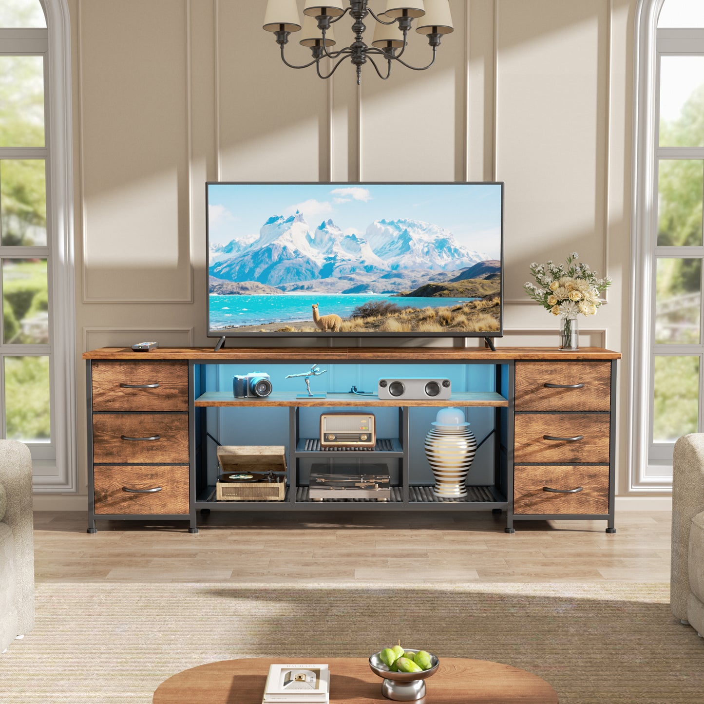 Furologee LED TV Stand for 65, 70, 80 Inch TV, 71 Inch Entertainment Center with Power Outlets, 6 Fabric Drawers Dresser for Bedroom, Media Console with Open Shelves, PU Leather Surface, Black