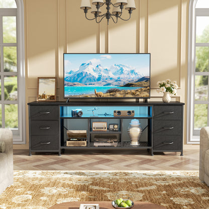 Furologee LED TV Stand for 65, 70, 80 Inch TV, 71 Inch Entertainment Center with Power Outlets, 6 Fabric Drawers Dresser for Bedroom, Media Console with Open Shelves, PU Leather Surface, Rustic Brown
