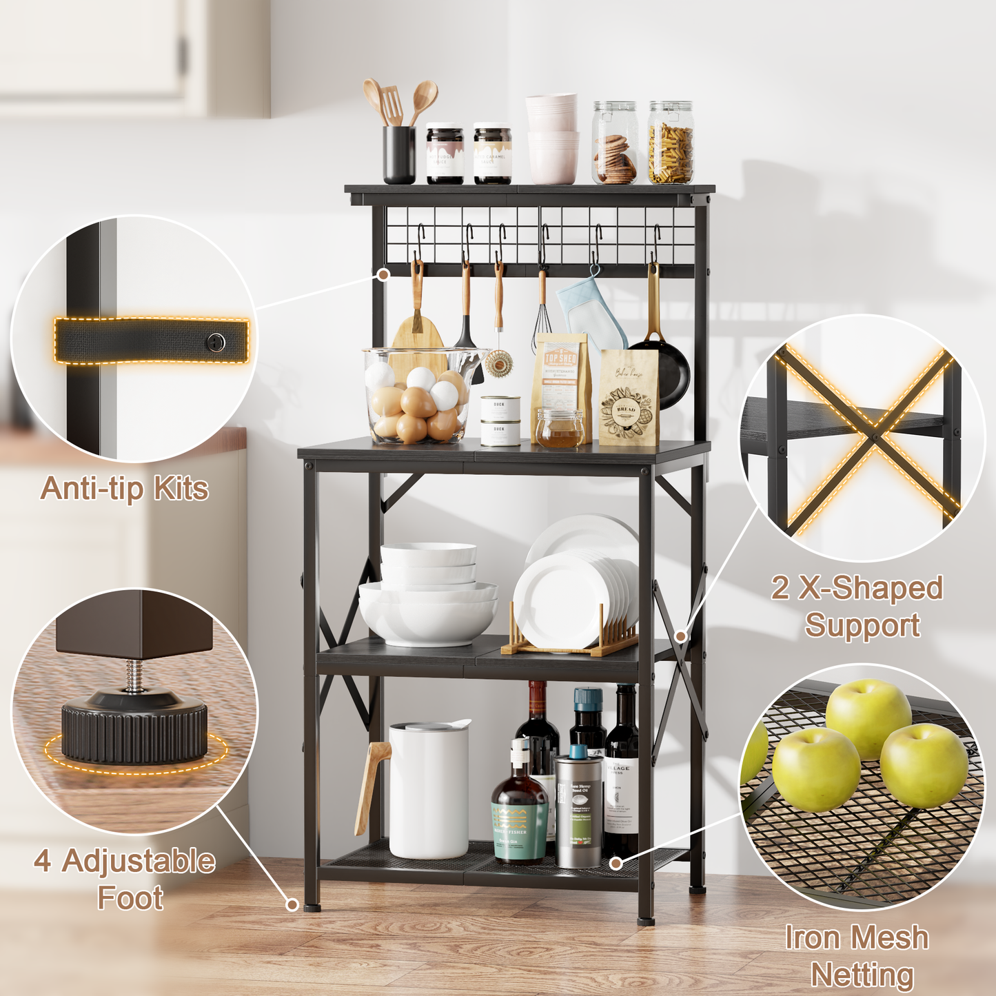 Furologee 4-Tier Kitchen Baker’s Rack with Pegboard & Hooks – Microwave Stand, Coffee Bar Station, Storage Shelf for Spices & Cookware, Black