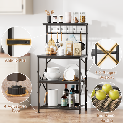 Furologee 4-Tier Kitchen Baker’s Rack with Pegboard & Hooks – Microwave Stand, Coffee Bar Station, Storage Shelf for Spices & Cookware, Black