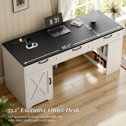 Furologee 55" Farmhouse Desk with Charging Station & Drawers, Black
Executive Computer desk with 3 Wooden Drawers and Storage Cabinet and Open Storage Shelf, Large Workstation for Home Office£¬Work, Study , Black and White