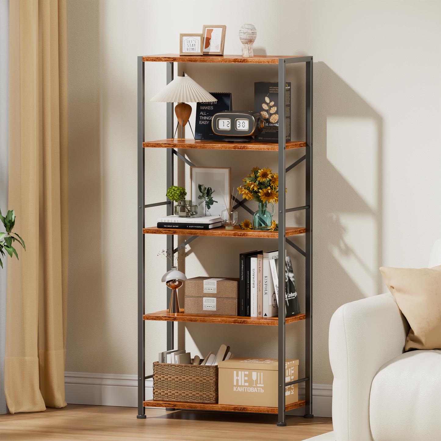 Furologee 5 Tier Book Shelf, Tall Wide Bookshelf, Industrial Open Bookcase, Display Shelves Storage Organizer