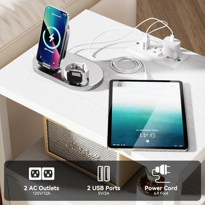 Nightstand with Charging Station & LED Lights - Bedside Table with Fabric Drawer, Storage Shelf, White for Bedroom