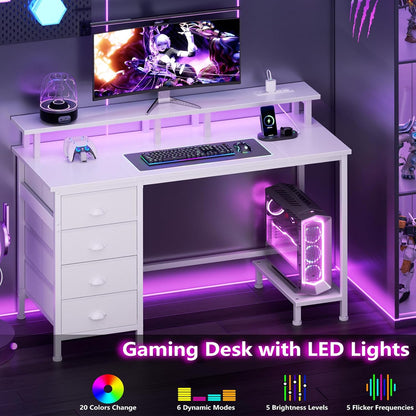 Furologee 55" Gaming Computer Desk with LED Lights, Power Outlets & 4 Fabric Drawers – Monitor Stand & Shelf for Home Office