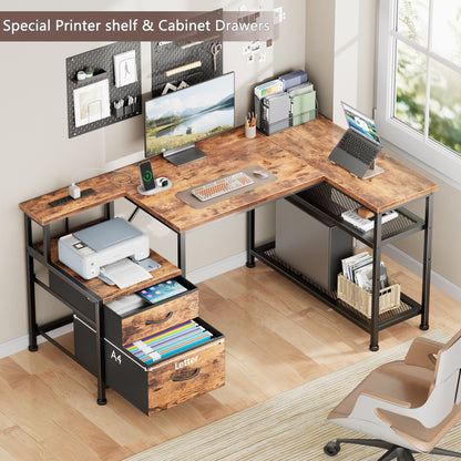 Furologee 49" L Shaped Computer Desk with Power Outlets, Reversible Home Office Desk with Fabric Drawers, File Cabinet, Printer Table, Metal Storage Shelves, Corner Desk for Small Space, Rusitc Brown