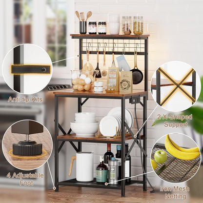 Furologee Kitchen Bakers Rack with LED Light & Outlet, Microwave Coffee Bar Stand with Storage Shelves & Hooks