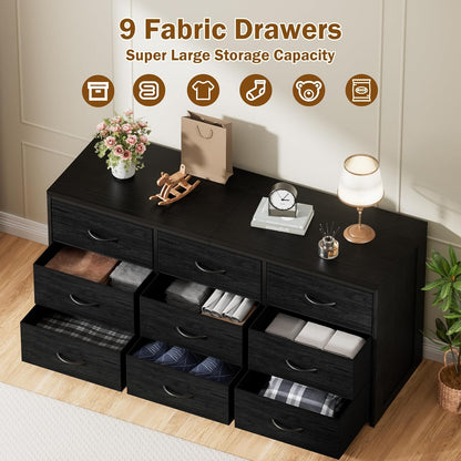 Black Dresser for Bedroom, Long Dresser for Closet, 9 Drawer TV Stand for 65 Inch TV, 15.75” Deepth Fabric Drawer, Chest of Drawer Large Storage Organizer, Hallway Furniture, Wooden Top Side