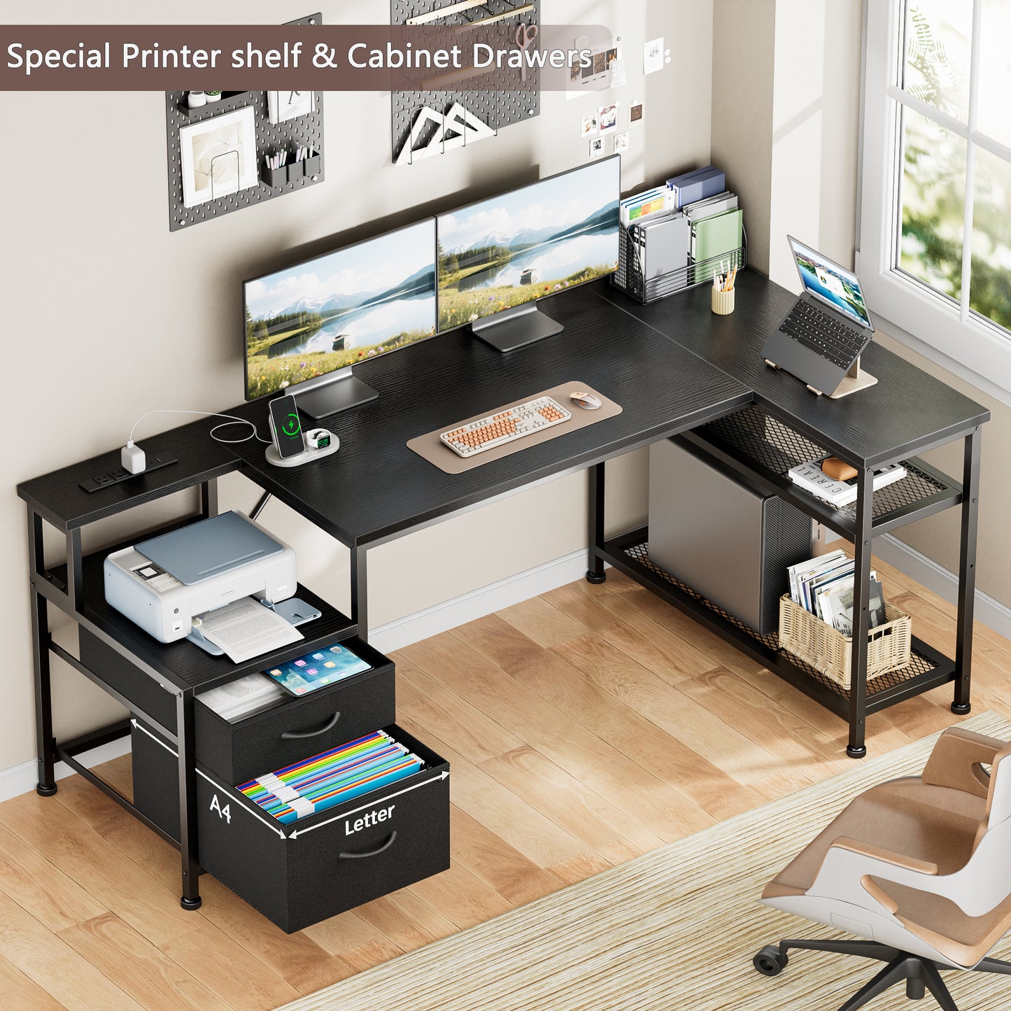 Furologee 57 Inch L Shaped Computer Desk with Power Outlets, Reversible Home Office Desk with Fabric Drawers, File Cabinet, Printer Table, Metal Storage Shelves, Corner Desk for Small Space, Black